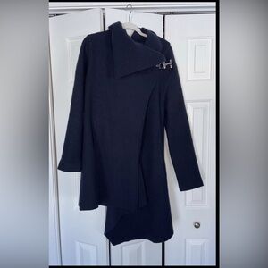 Garnet Hill Asymmetrical Boiled Wool Coat Navy Blue Relaxed Fit Luxury 10-Reg